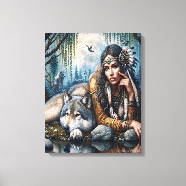 Mystical A Native American Woman With Wolves 16x20 Canvas Print (Front)