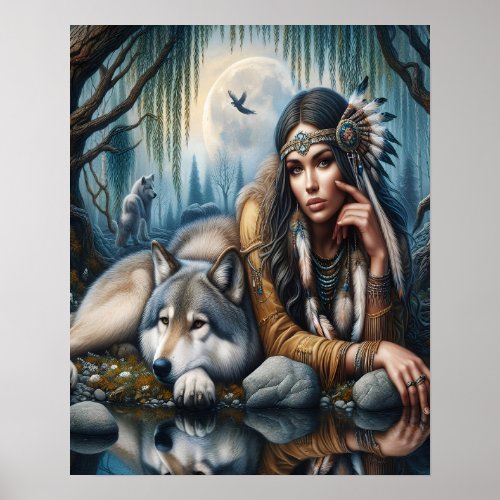Mystical A Native American Woman With Wolves 16x20 Poster