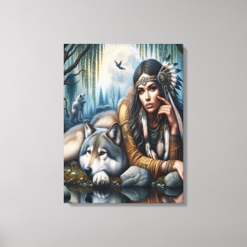 Mystical A Native American Woman With Wolves 18x24 Canvas Print