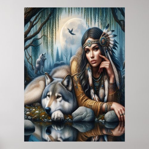 Mystical A Native American Woman With Wolves 18x24 Poster