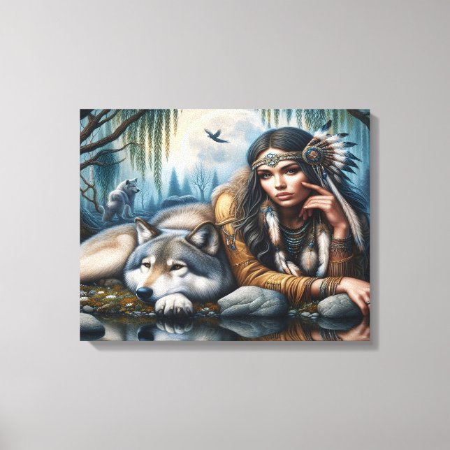 Mystical A Native American Woman With Wolves 20x16 Canvas Print (Front)
