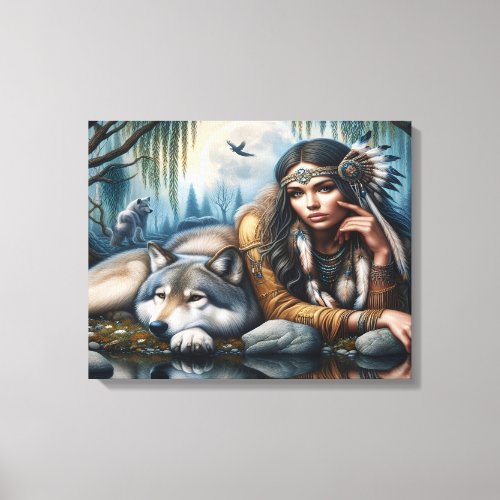 Mystical A Native American Woman With Wolves 20x16 Canvas Print
