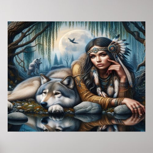 Mystical A Native American Woman With Wolves 20x16 Poster