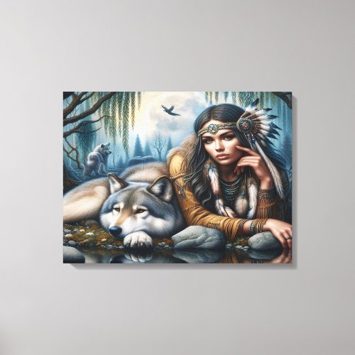 Mystical A Native American Woman With Wolves 24x18 Canvas Print