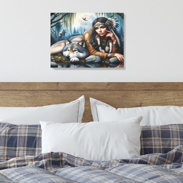 Mystical A Native American Woman With Wolves 24x18 Canvas Print (Creator Uploaded)