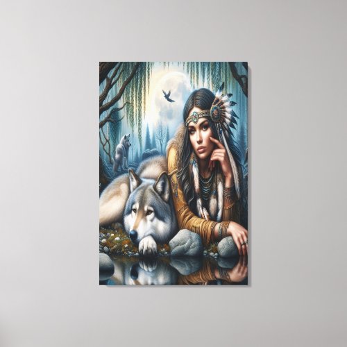 Mystical A Native American Woman With Wolves 24x36 Canvas Print