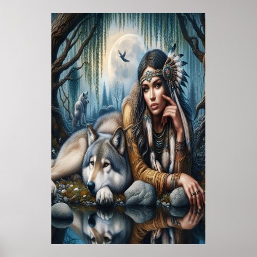 Mystical A Native American Woman With Wolves 24x36 Poster