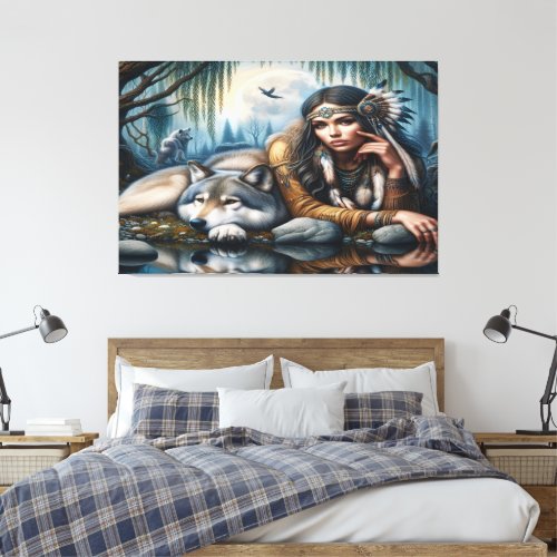 Mystical A Native American Woman With Wolves 36x24 Canvas Print