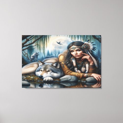 Mystical A Native American Woman With Wolves 36x24 Canvas Print