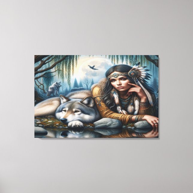 Mystical A Native American Woman With Wolves 36x24 Canvas Print (Front)