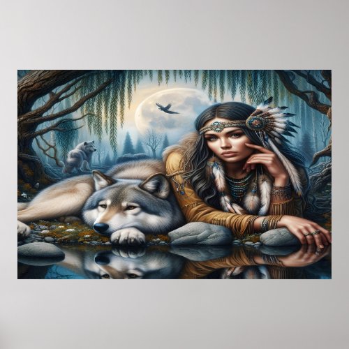 Mystical A Native American Woman With Wolves 36x24 Poster