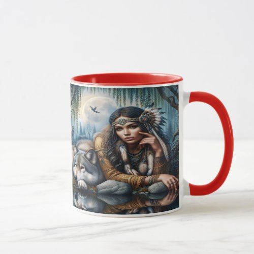 Mystical A Native American Woman With Wolves 5x7 Mug