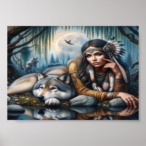 Mystical A Native American Woman With Wolves 5x7 Poster