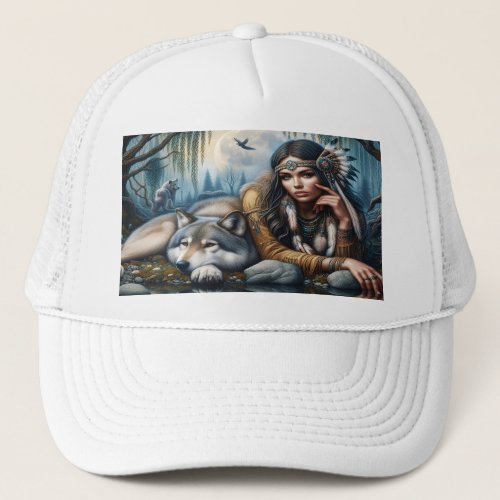 Mystical A Native American Woman With Wolves 5x7 Trucker Hat