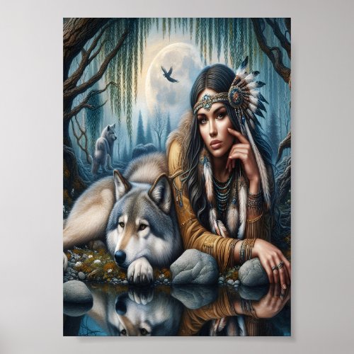 Mystical A Native American Woman With Wolves   7x5 Poster