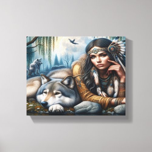 Mystical A Native American Woman With Wolves  8x10 Canvas Print