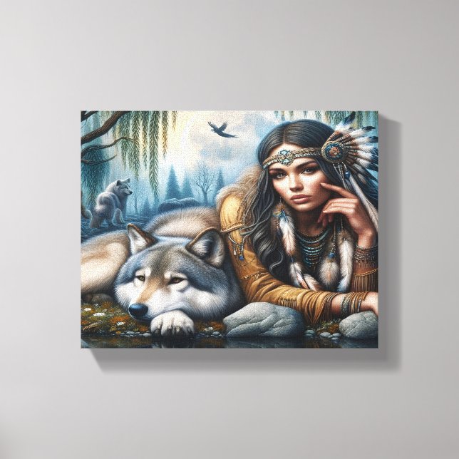 Mystical A Native American Woman With Wolves  8x10 Canvas Print (Front)