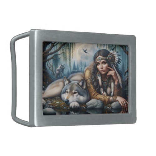 Mystical A Native American Woman With Wolves  Belt Buckle