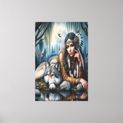 Mystical A Native American Woman With Wolves  Canvas Print