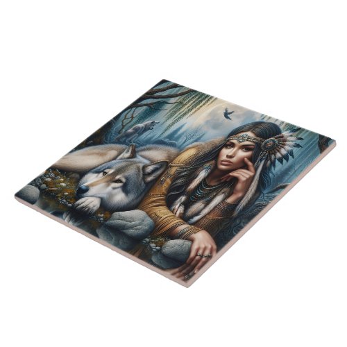 Mystical A Native American Woman With Wolves  Ceramic Tile
