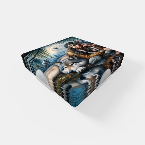Mystical A Native American Woman With Wolves  Coaster Set