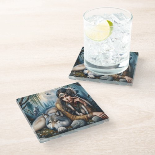 Mystical A Native American Woman With Wolves  Glass Coaster