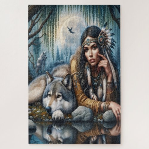 Mystical A Native American Woman With Wolves  Jigsaw Puzzle