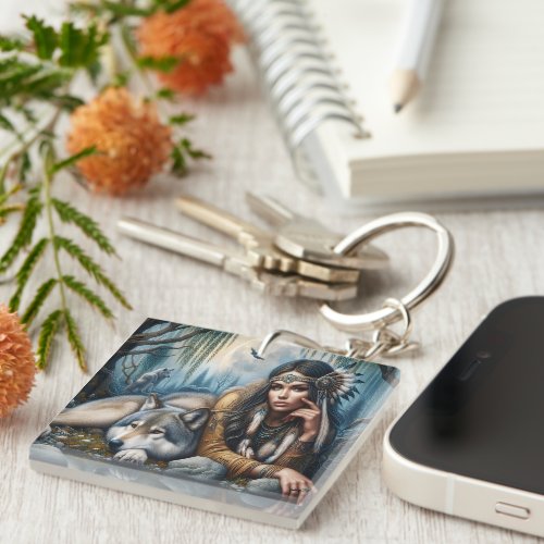 Mystical A Native American Woman With Wolves  Keychain