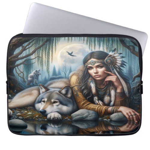 Mystical A Native American Woman With Wolves  Laptop Sleeve