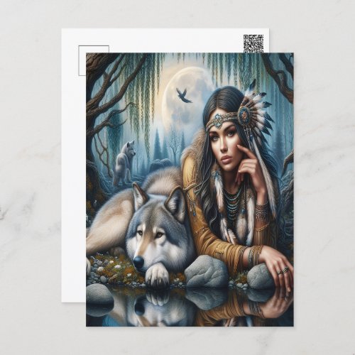 Mystical A Native American Woman With Wolves  Postcard