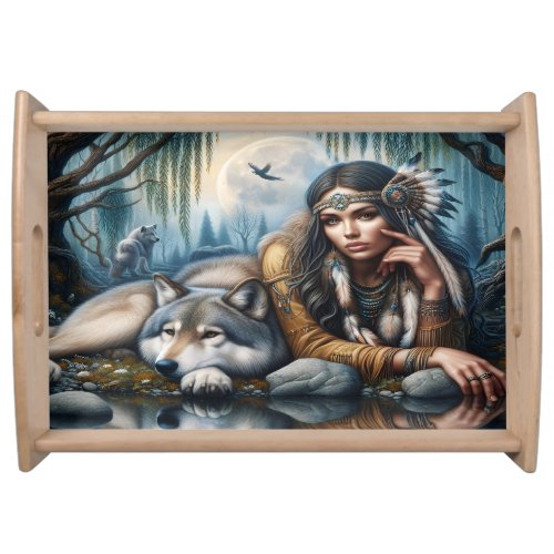 Mystical A Native American Woman With Wolves  Serving Tray