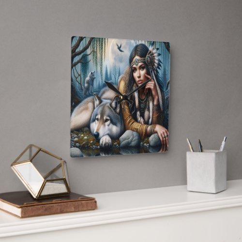 Mystical A Native American Woman With Wolves  Square Wall Clock
