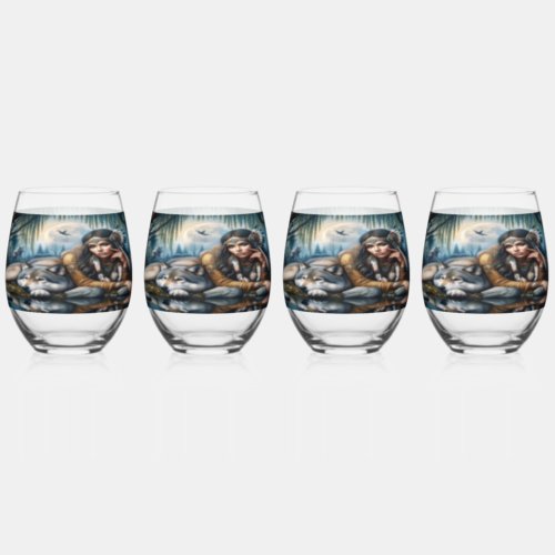 Mystical A Native American Woman With Wolves  Stemless Wine Glass