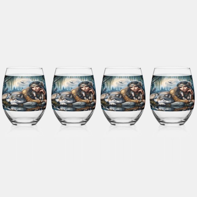 Mystical A Native American Woman With Wolves  Stemless Wine Glass (Front)