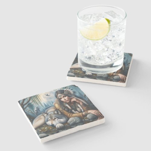 Mystical A Native American Woman With Wolves  Stone Coaster