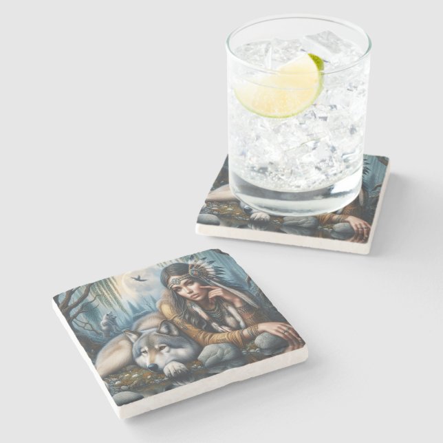 Mystical A Native American Woman With Wolves  Stone Coaster (Side)