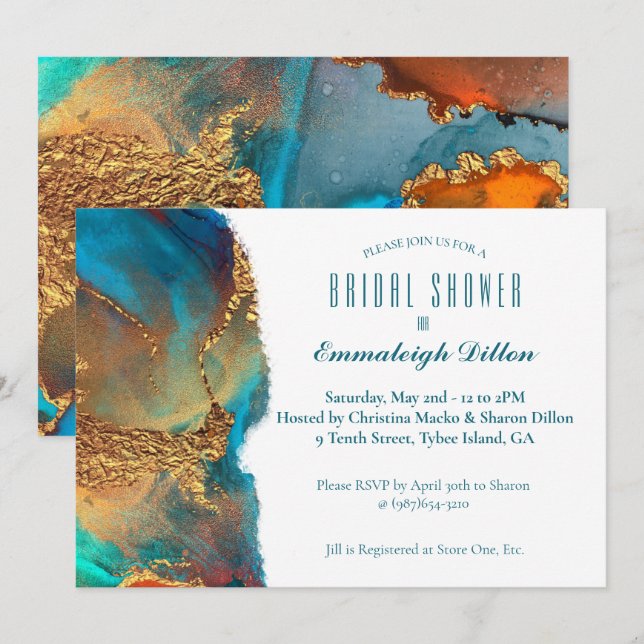 Mystical Abstract Teal Coral Gold Bridal Shower Invitation (Front/Back)