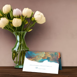 Mystical Abstract Teal Coral Gold Place Card