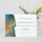 Mystical Abstract Teal Coral Gold Wedding Invitation (Standing Front)