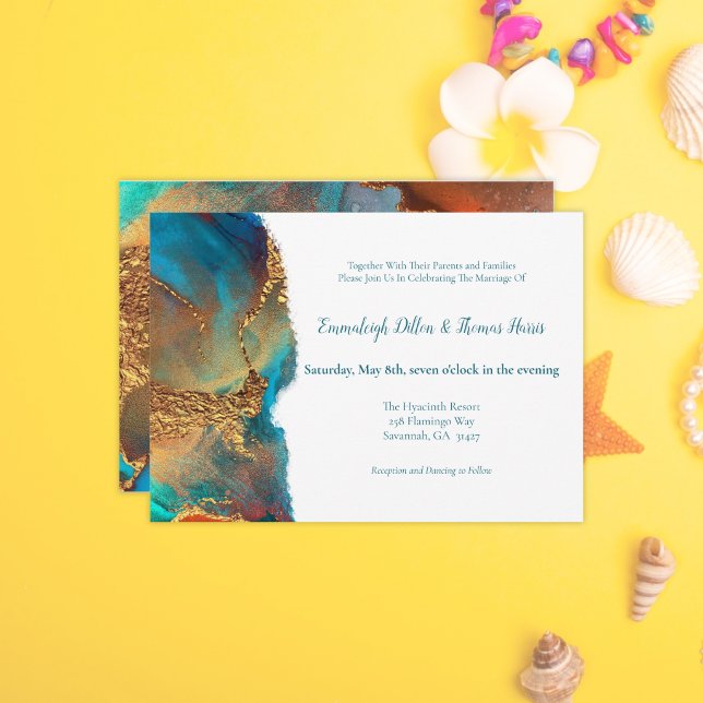 Mystical Abstract Teal Coral Gold Wedding Invitation