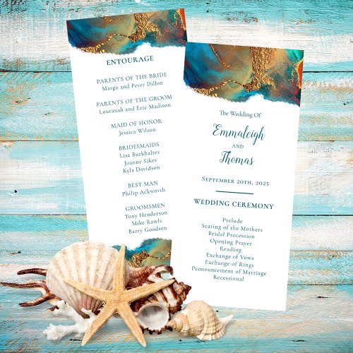 Mystical Abstract Teal Coral Gold Wedding Program