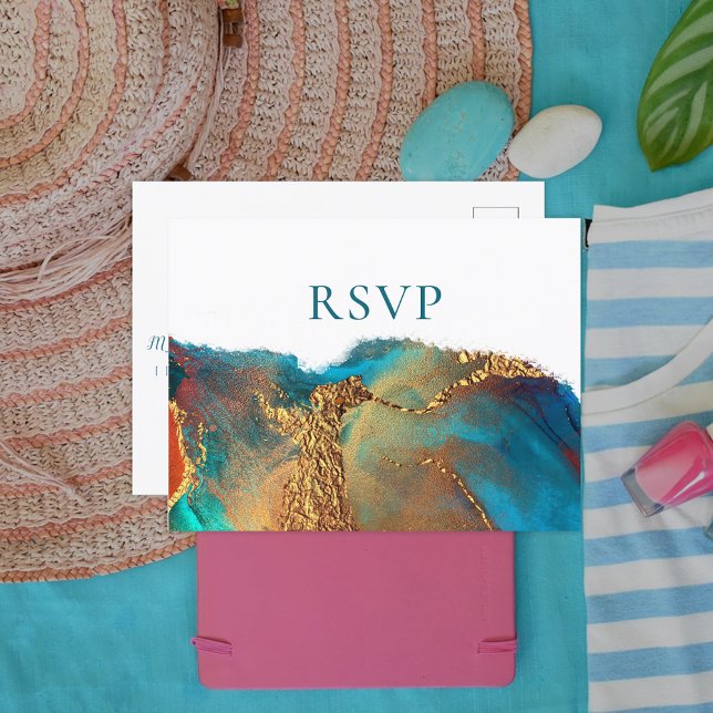 Mystical Abstract Teal Coral Gold Wedding RSVP Invitation Postcard (Creator Uploaded)
