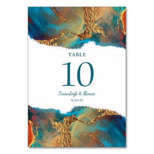 Mystical Abstract Teal Coral Gold Wedding Table Number