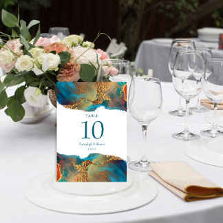 Mystical Abstract Teal Coral Gold Wedding Table Number