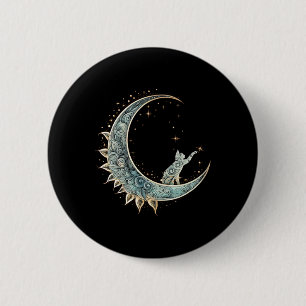 Mystical Aesthetic Cat Sitting On Crescent Moon Lu Button