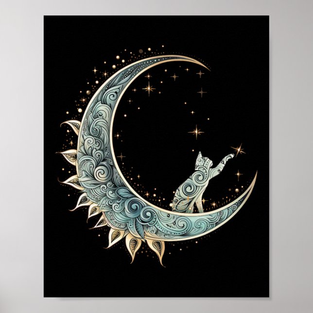 Mystical Aesthetic Cat Sitting On Crescent Moon Lu Poster (Front)