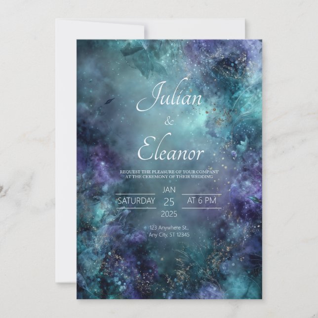 Mystical Alcohol Ink Teal Purple Gold Wedding Invitation (Front)