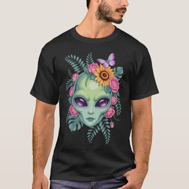 Mystical Alien Floral Graphic With Sunflower  Butt T-Shirt (Front)