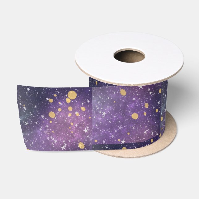 Mystical All Occasion Purple Gold Sparkles Stars  Satin Ribbon (Spool)