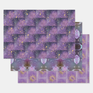 Mystical All Occasion Purple Gold Sparkles Stars Wrapping Paper Sheets